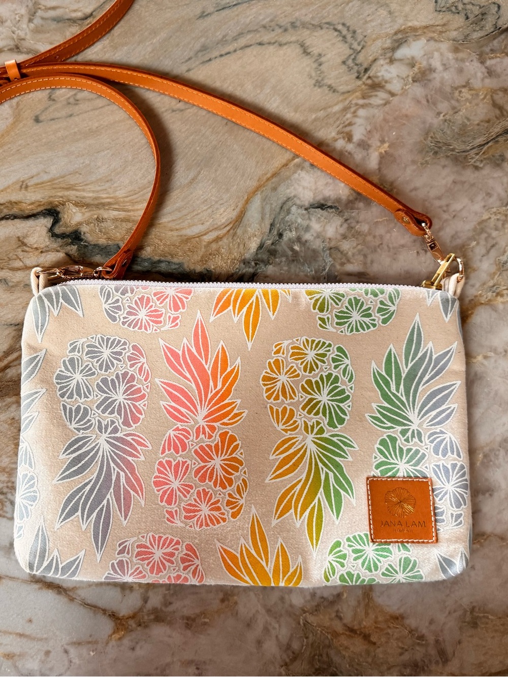 Jana Lam Slim Zippered Canvas Crossbody in Multicolor Pineapple Print—EUC